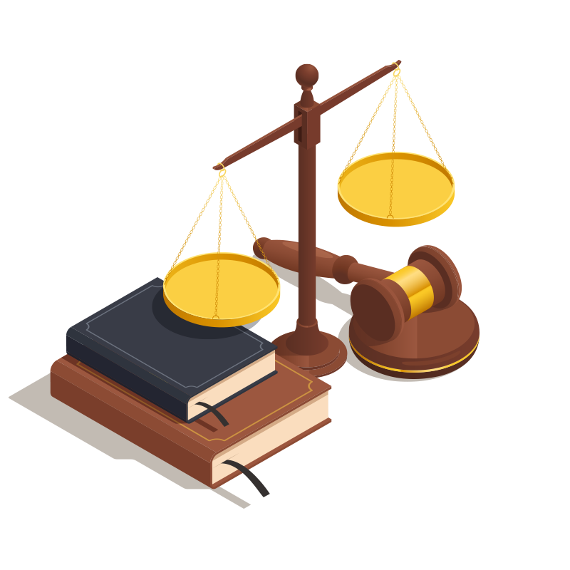 Law books, scales and a gavel